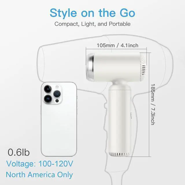 Alt view image 2 of 7 - Hair Dryer, Travel Portable [Super Mini] High-Speed Ionic Blow Dryer, 200 Million Negative Ions, 110,000RPM Brushless Motor for Home Salon Fast Drying Compact Lightweight, White