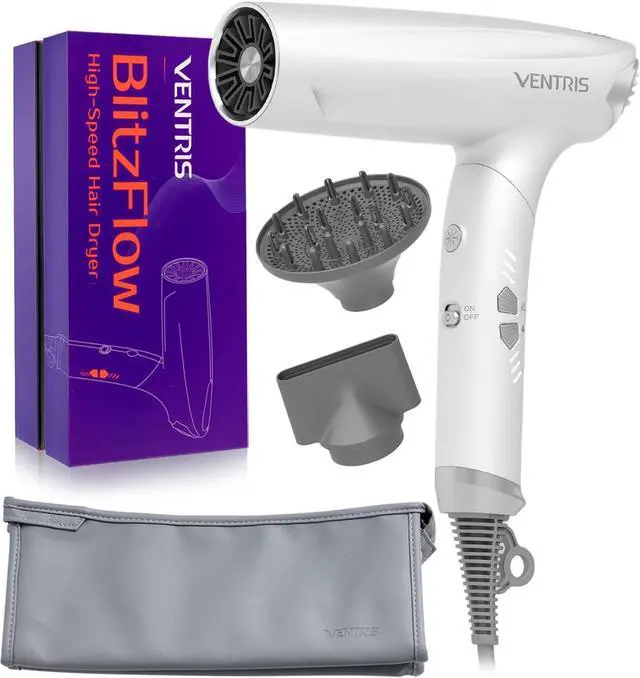Main image of VENTRIS 1400W High-Speed Ionic Hair Dryer, Fast-Drying Lightweight Low-Noise Blow Dryer with Magnetic Diffuser & Concentrator, Cold Shot Button, BlitzFlow Series, Lucid White