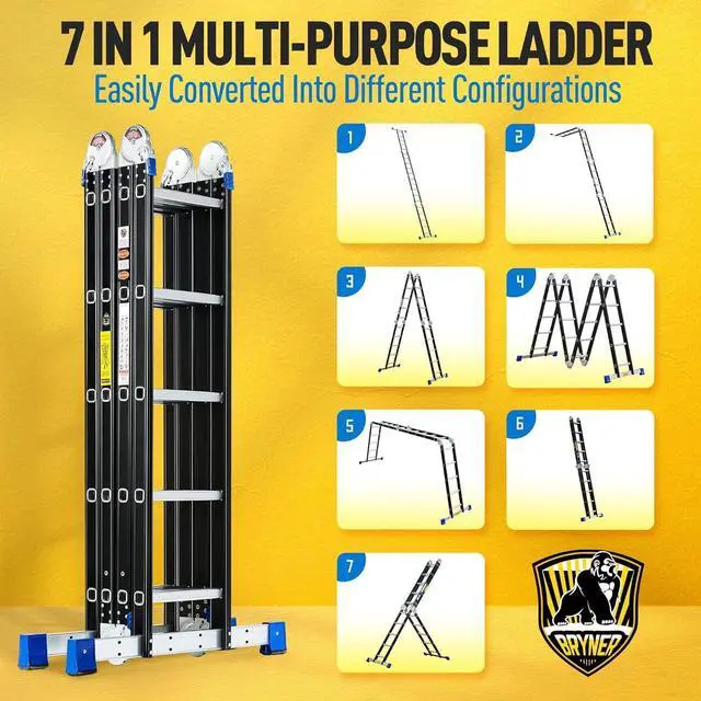 Alt view image 2 of 6 - Bryner Step Folding Ladder 19.6ft Multi-Purpose Aluminium Extension Ladders, 7 in 1 Folding Adjustable Telescoping Step Ladder 330lbs