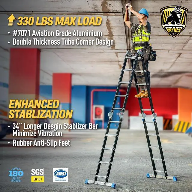 Alt view image 3 of 6 - Bryner Step Folding Ladder 19.6ft Multi-Purpose Aluminium Extension Ladders, 7 in 1 Folding Adjustable Telescoping Step Ladder 330lbs