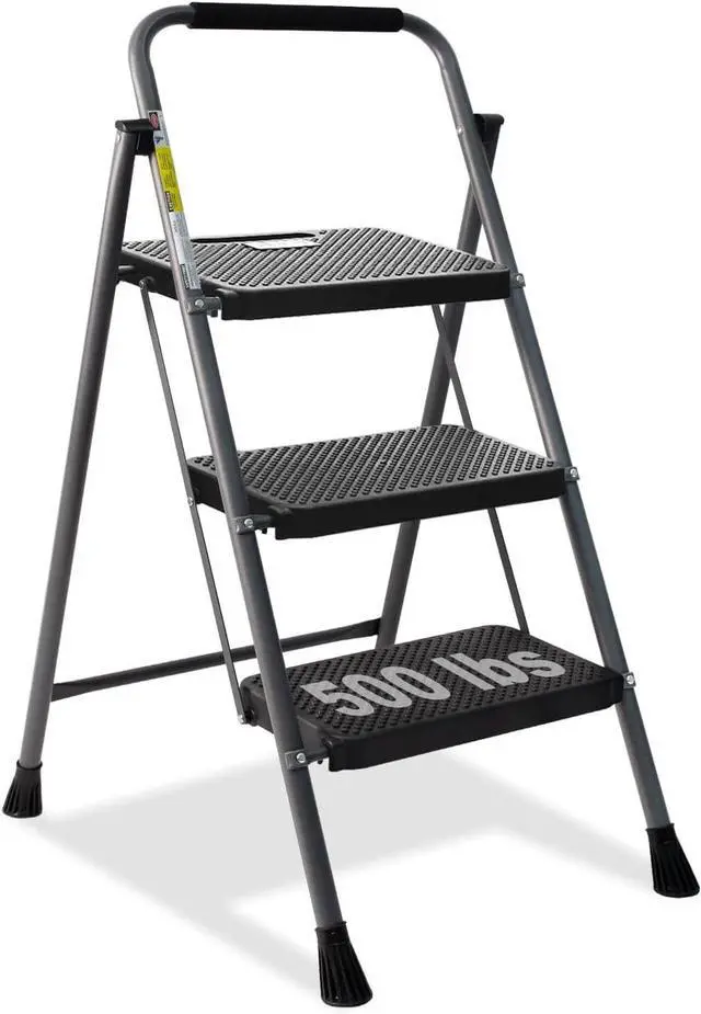 Main image of 3 Step Ladder, GOLYTON Folding Step Stool with Anti-Slip Wide Pedal & Convenient Handgrip, 500lbs Capacity Steel Ladder for Household and Office, Grey