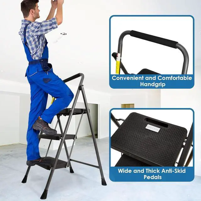 Alt view image 3 of 7 - 3 Step Ladder, GOLYTON Folding Step Stool with Anti-Slip Wide Pedal & Convenient Handgrip, 500lbs Capacity Steel Ladder for Household and Office, Grey