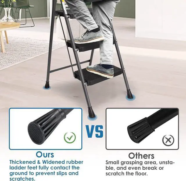 Alt view image 4 of 7 - 3 Step Ladder, GOLYTON Folding Step Stool with Anti-Slip Wide Pedal & Convenient Handgrip, 500lbs Capacity Steel Ladder for Household and Office, Grey