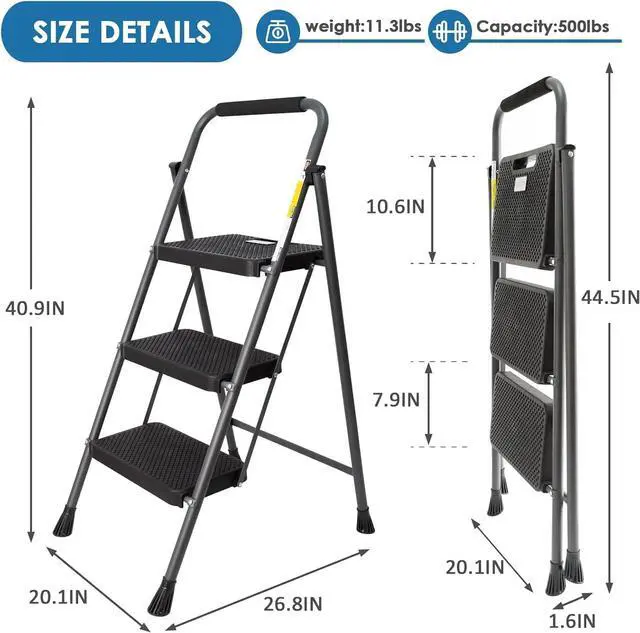 Alt view image 5 of 7 - 3 Step Ladder, GOLYTON Folding Step Stool with Anti-Slip Wide Pedal & Convenient Handgrip, 500lbs Capacity Steel Ladder for Household and Office, Grey