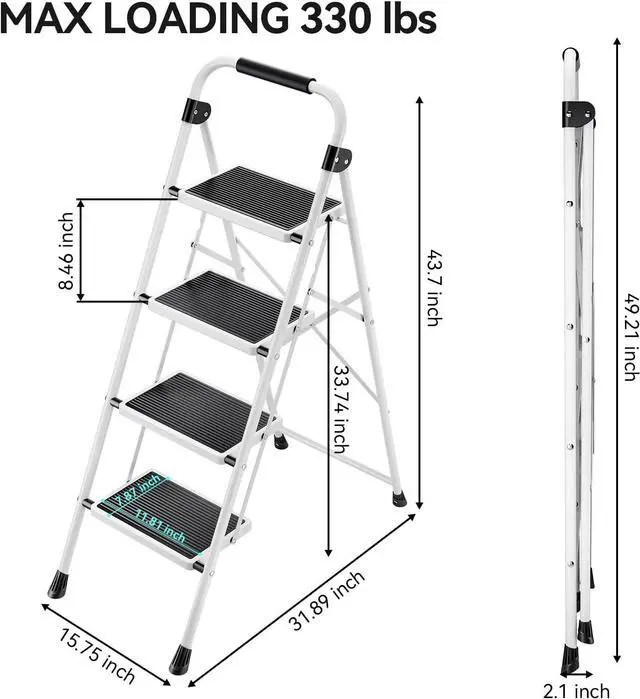 Alt view image 6 of 7 - KINGRACK Step Ladder 4 Step Folding Step Stool for Adults with Handrails Heavy Duty Steel Sturdy Lightweight Collapsible Portable Step Ladder with Anti-Slip Wide Pedal,White