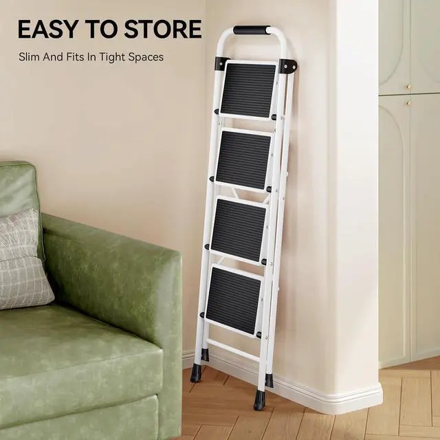 Alt view image 7 of 7 - KINGRACK Step Ladder 4 Step Folding Step Stool for Adults with Handrails Heavy Duty Steel Sturdy Lightweight Collapsible Portable Step Ladder with Anti-Slip Wide Pedal,White