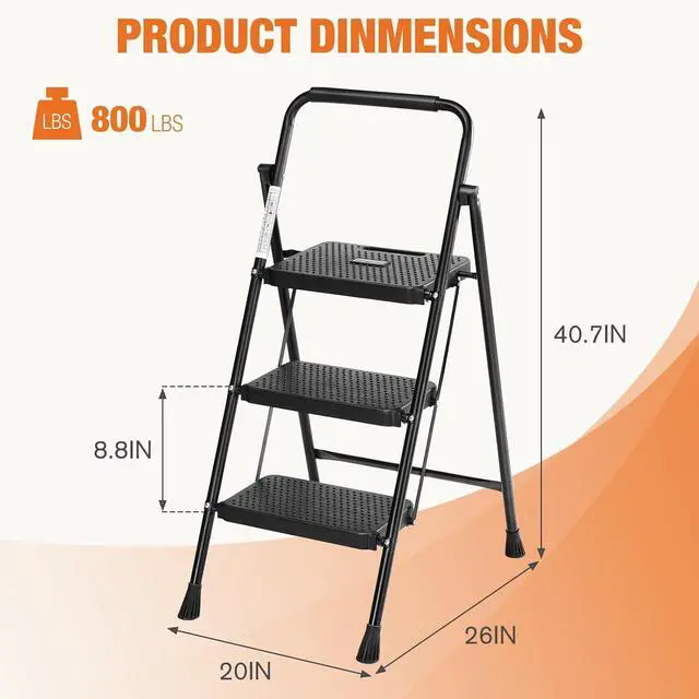 Alt view image 7 of 7 - Sweetcrispy Folding 3 Step Ladder Stool - Lightweight, 800lbs Sturdy, with Anti-Slip Feet - Perfect for Home, Kitchen, and Office Use, Easy Storage and Portable Design