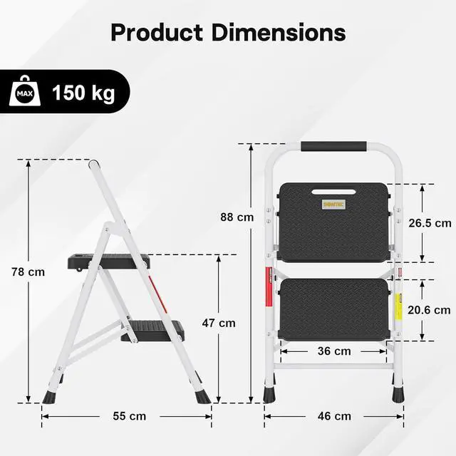 Alt view image 2 of 7 - BONTEC 2-Step Ladder, Folding Step Stool, 600lbs Max Load Capacity, Sturdy Steel, Non-Slip Pedals, Lightweight, Portable Steel Ladder with Convenient Handrail, Safety Design for Home & Work, White