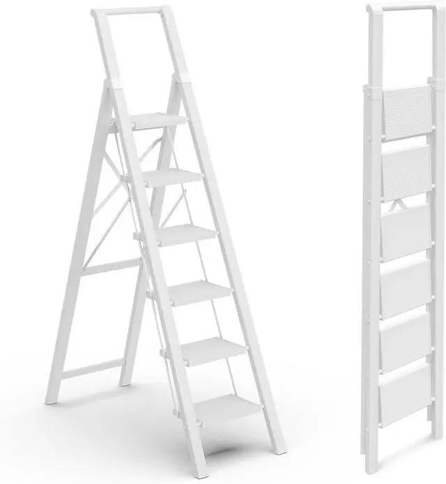 Main image of GameGem 6 Step Ladder for 12 Feet High Ceiling, Lightweight Aluminum Folding Step Stool with Convenient Handgrip, Stepladders with Anti-Slip and Wide Pedal for Home Use Space Saving - White