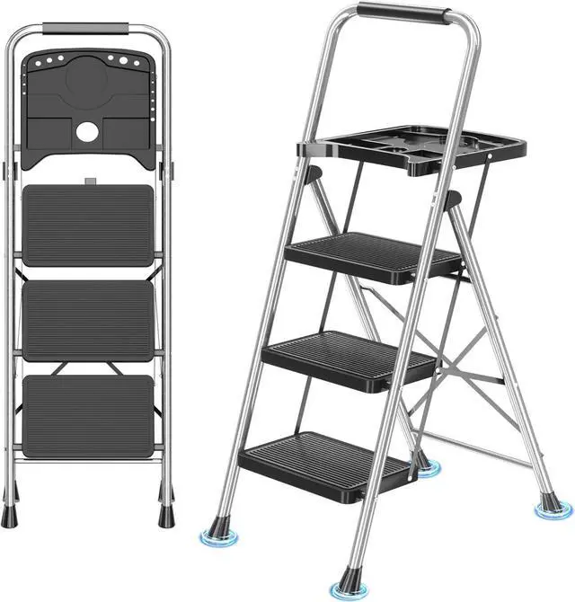 Main image of 3 Step Ladder, Folding Step Stool with Tool Platform, Wide Anti-Slip Pedal and Anti-Slip Feet, Sturdiest Steel Construction, 600lbs Capacity Steel Ladder for Home Office, Grey