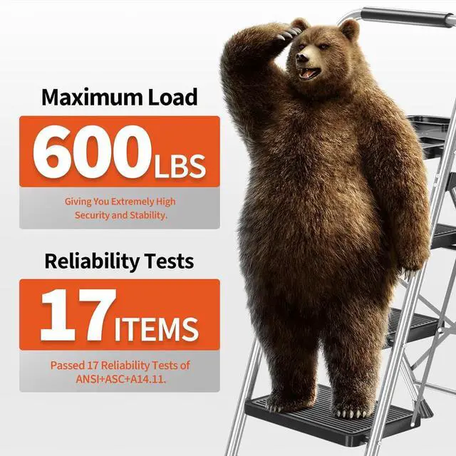 Alt view image 2 of 7 - 3 Step Ladder, Folding Step Stool with Tool Platform, Wide Anti-Slip Pedal and Anti-Slip Feet, Sturdiest Steel Construction, 600lbs Capacity Steel Ladder for Home Office, Grey