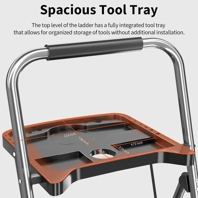 Alt view image 3 of 7 - 3 Step Ladder, Folding Step Stool with Tool Platform, Wide Anti-Slip Pedal and Anti-Slip Feet, Sturdiest Steel Construction, 600lbs Capacity Steel Ladder for Home Office, Grey