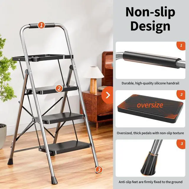 Alt view image 5 of 7 - 3 Step Ladder, Folding Step Stool with Tool Platform, Wide Anti-Slip Pedal and Anti-Slip Feet, Sturdiest Steel Construction, 600lbs Capacity Steel Ladder for Home Office, Grey