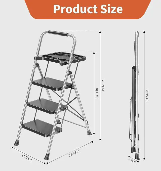 Alt view image 7 of 7 - 3 Step Ladder, Folding Step Stool with Tool Platform, Wide Anti-Slip Pedal and Anti-Slip Feet, Sturdiest Steel Construction, 600lbs Capacity Steel Ladder for Home Office, Grey