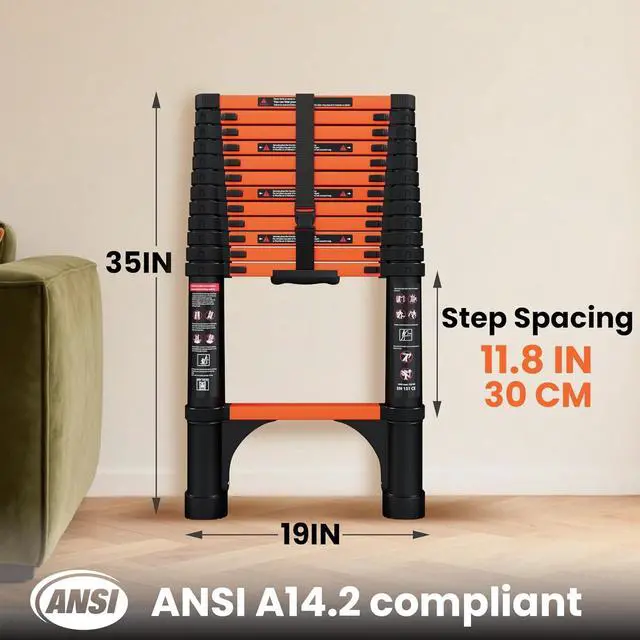 Alt view image 2 of 7 - 12.5 FT Telescoping Ladder, ANSI Certified, Type I Heavy Duty, 330lbs Max Capacity, Aluminum Extension Ladder for Home, Roof, RV; Orange