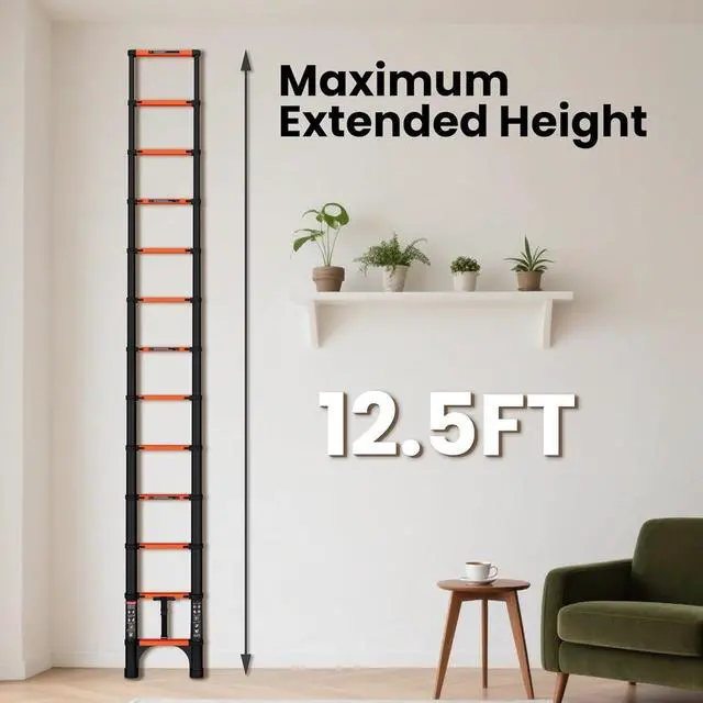 Alt view image 3 of 7 - 12.5 FT Telescoping Ladder, ANSI Certified, Type I Heavy Duty, 330lbs Max Capacity, Aluminum Extension Ladder for Home, Roof, RV; Orange