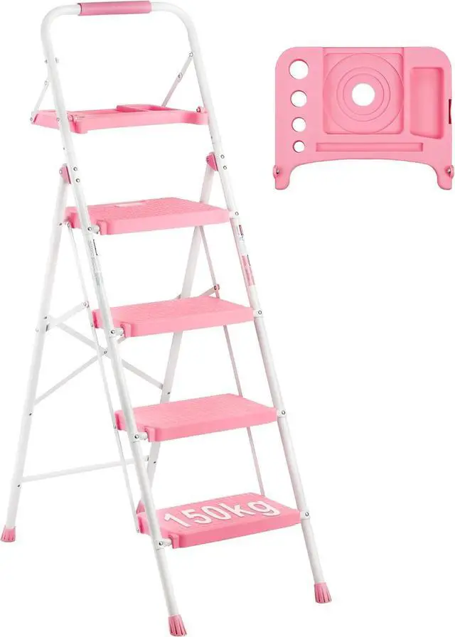 Main image of BONTEC 4-Step Ladder, 400lbs Max Load, Folding Step Stool with Tool Tray, Anti-Slip Pedals, Sturdy Steel, Lightweight Portable Ladder with Handrail for Home & Work Use, Pink