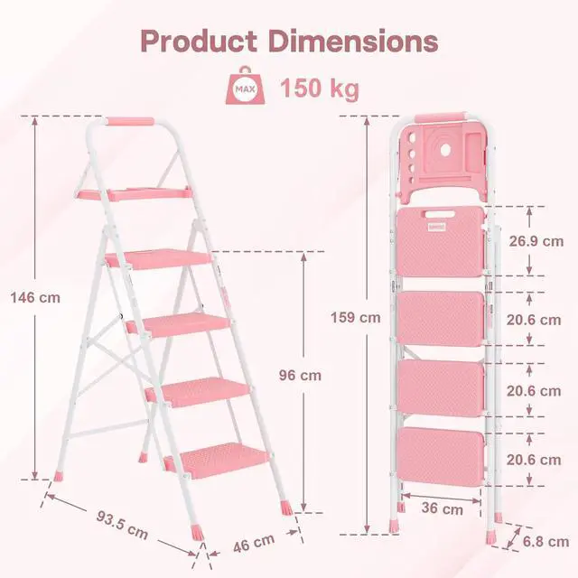 Alt view image 2 of 7 - BONTEC 4-Step Ladder, 400lbs Max Load, Folding Step Stool with Tool Tray, Anti-Slip Pedals, Sturdy Steel, Lightweight Portable Ladder with Handrail for Home & Work Use, Pink