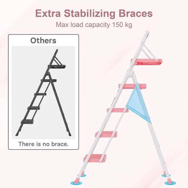 Alt view image 6 of 7 - BONTEC 4-Step Ladder, 400lbs Max Load, Folding Step Stool with Tool Tray, Anti-Slip Pedals, Sturdy Steel, Lightweight Portable Ladder with Handrail for Home & Work Use, Pink