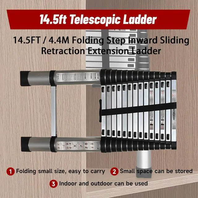 Alt view image 6 of 7 - findmall 14.5FT / 4.4M Aluminum Telescopic Ladder Multi Use Non-Slip Collapsible Ladder Telescoping Ladders