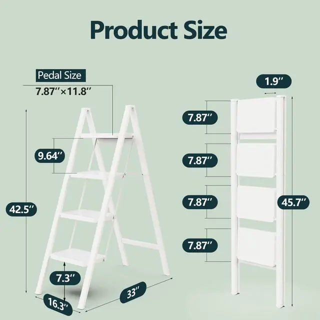Alt view image 6 of 6 - WOA WOA 4 Step Ladder, Folding Step Stool with Wide Pedals, Sturdy Steel Ladders with Anti-Slip Feet, Compact Kitchen Stepping Stool, Supports up to 330 lbs - White