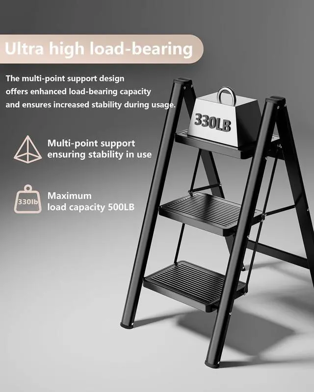 Alt view image 2 of 7 - Step Ladder 3 Step Folding, Sturdy 330 Lbs Small Step Stool for Adults, Closet Step Stool Ladder with Anti-Slip Wide Pedals, Portable Folding Ladder for Home Kitchen Office