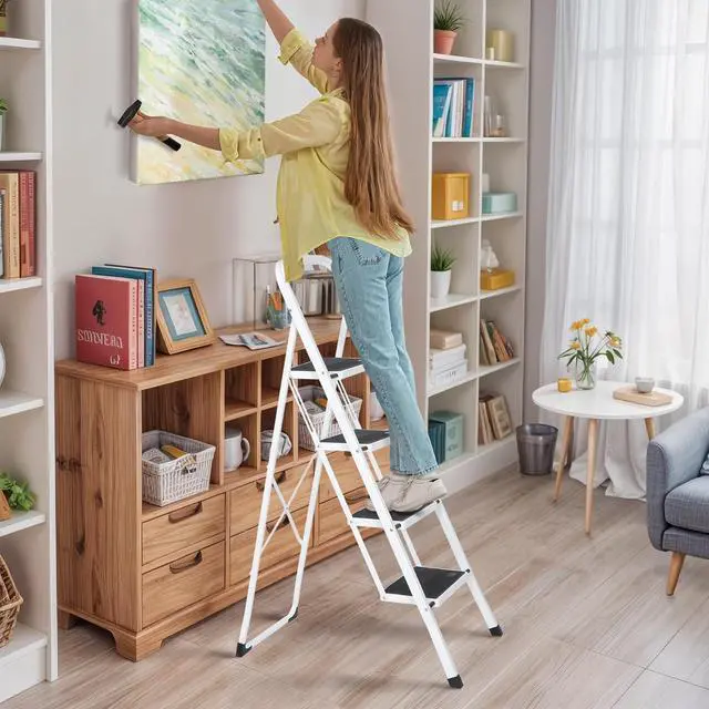 Alt view image 3 of 7 - JungleA 4 Step Ladder, Folding Step Stool for Adults, Foldable Lightweight Portable Tall White Ladder Stool for Home Kitchen Closet Garage & Office, Wide Anti-Slip Pedal, 330 lbs Load Capacity