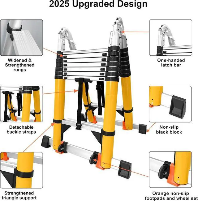 Alt view image 3 of 7 - 20FT A Frame Telescoping Ladder, Type-A Collapsible Extension Ladder with Double Balance Bar & Wheels, 330lbs Capacity, EN131 Certified Portable Aluminum Step (8+8Foot Step) Includes Tools Bag