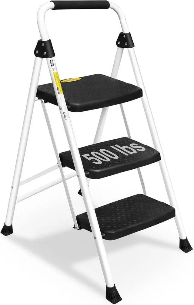 Main image of SocTone 3 Step Ladder, Folding Step Stool for Adults with Handle, Lightweight, Perfect for Kitchen& Household, 500lbs Capacity Sturdy Steel Ladder White