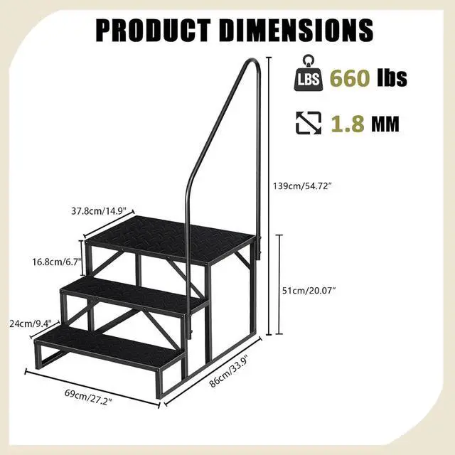 Alt view image 2 of 7 - Step Ladder, Heavy Duty Pool Ladder Above Ground 660Lbs, Camper Steps Outdoor Steps RV Stairs for Reaching High, Portable Home Stairs for Travel Trailer (3 Step, Single Handle)