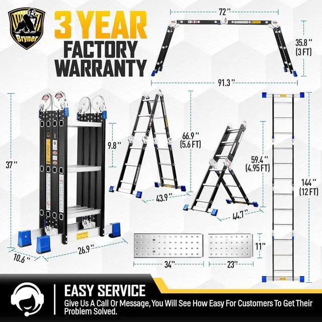 Alt view image 6 of 7 - Step Ladder, Bryner 12Ft Multi-Purpose Aluminium Folding Extension Ladders, 7 in 1 Folding Adjustable Telescoping Step Ladder 330lbs
