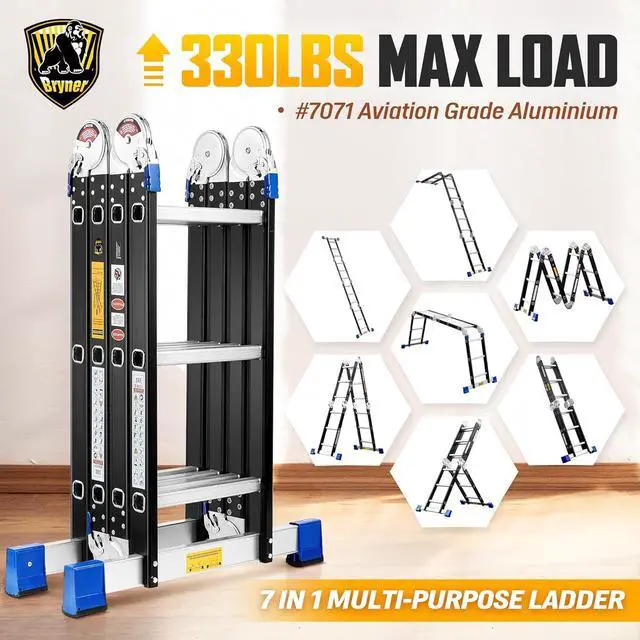 Alt view image 2 of 7 - Step Ladder, Bryner 12Ft Multi-Purpose Aluminium Folding Extension Ladders, 7 in 1 Folding Adjustable Telescoping Step Ladder 330lbs
