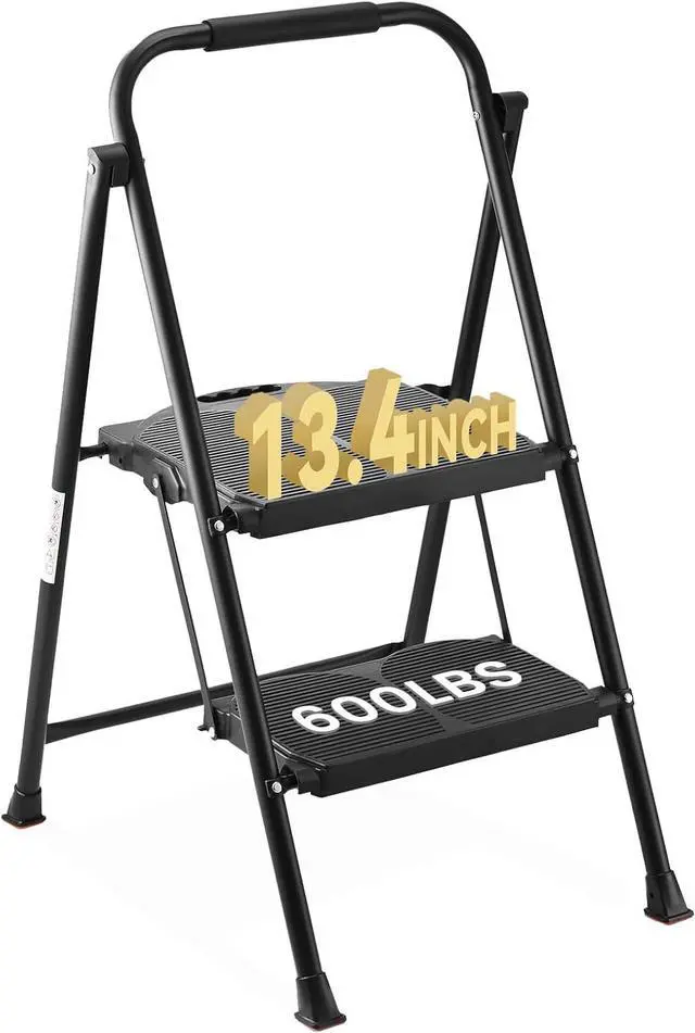 Main image of 600lbs 2 Step Ladder,Folding Step Stool with Wide Anti-Slip Pedal, Heavy Duty Sturdy Steel Ladder with Handgrip,Portable Steel Step Stool for Home Kitchen Library Office (Matte Black)