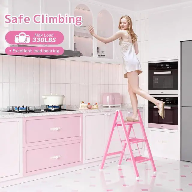 Alt view image 2 of 6 - GameGem Pink Step Ladder 3 Step Folding, Small Step Stool for Women to Reach Higher Places, Widen 7.9Inch Pedal for Comfortable Use, Anti-Slip Foot for Safe Use, Sturdy and Fold Thin, 330Lbs Load