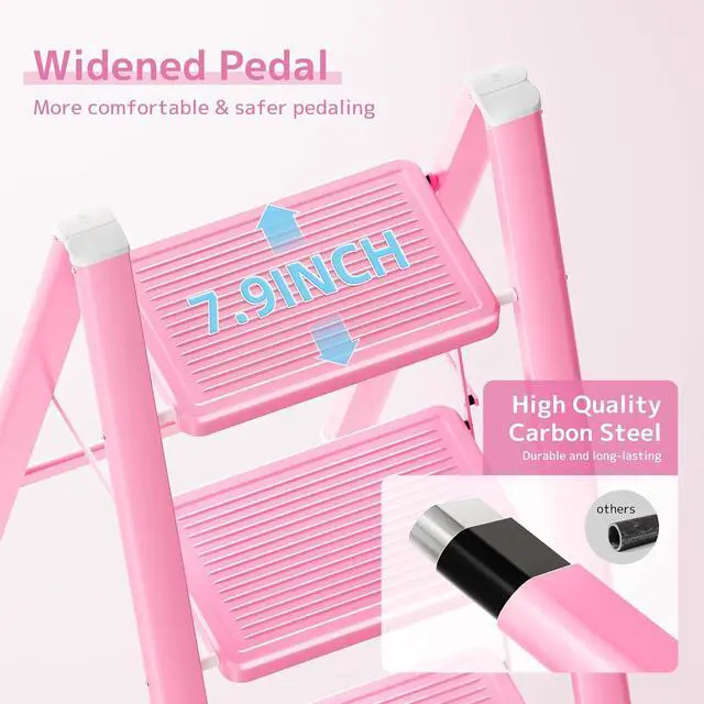 Alt view image 3 of 6 - GameGem Pink Step Ladder 3 Step Folding, Small Step Stool for Women to Reach Higher Places, Widen 7.9Inch Pedal for Comfortable Use, Anti-Slip Foot for Safe Use, Sturdy and Fold Thin, 330Lbs Load
