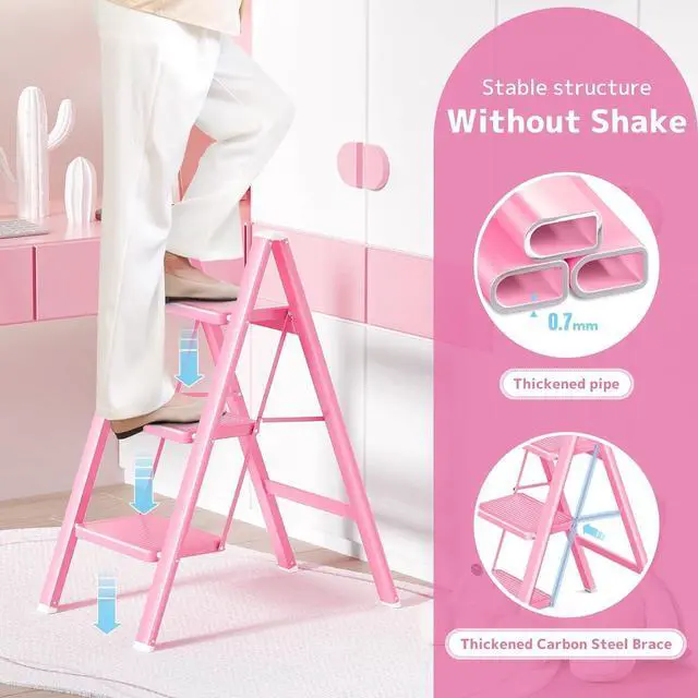 Alt view image 4 of 6 - GameGem Pink Step Ladder 3 Step Folding, Small Step Stool for Women to Reach Higher Places, Widen 7.9Inch Pedal for Comfortable Use, Anti-Slip Foot for Safe Use, Sturdy and Fold Thin, 330Lbs Load