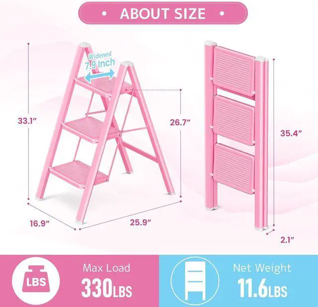 Alt view image 6 of 6 - GameGem Pink Step Ladder 3 Step Folding, Small Step Stool for Women to Reach Higher Places, Widen 7.9Inch Pedal for Comfortable Use, Anti-Slip Foot for Safe Use, Sturdy and Fold Thin, 330Lbs Load