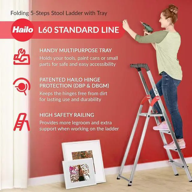 Alt view image 2 of 7 - Hailo Folding Step Stool, 5 Step Ladder with Tray for Garage, Home & Kitchen, L60, Silver