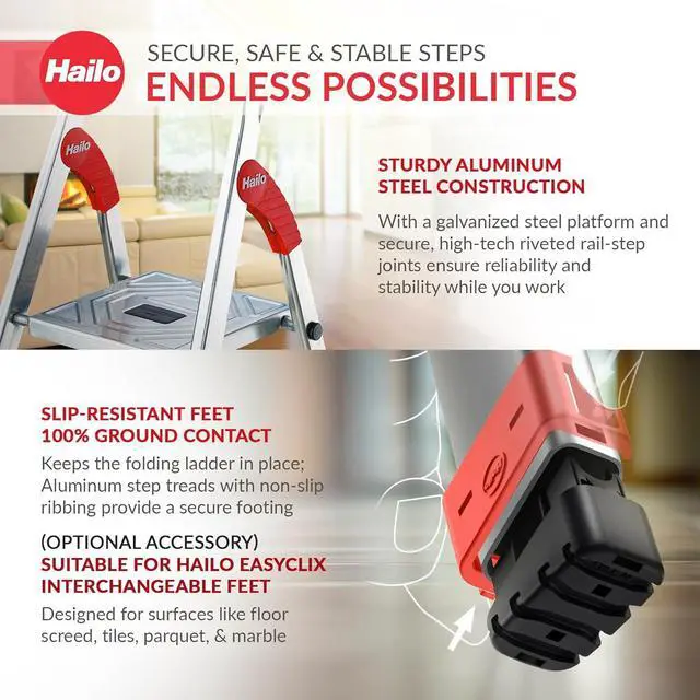 Alt view image 3 of 7 - Hailo Folding Step Stool, 5 Step Ladder with Tray for Garage, Home & Kitchen, L60, Silver