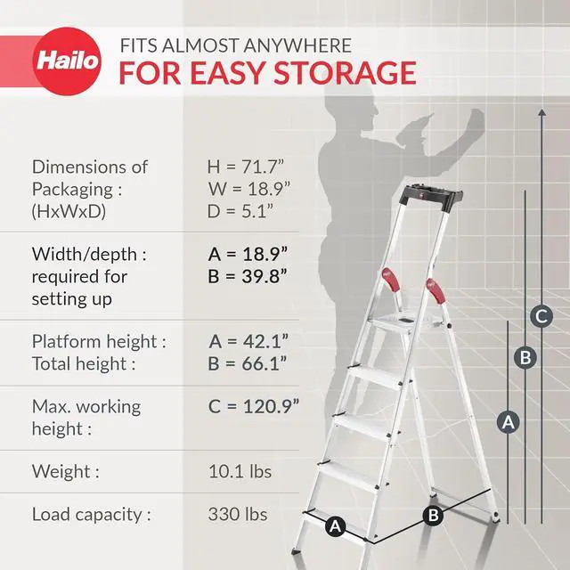 Alt view image 4 of 7 - Hailo Folding Step Stool, 5 Step Ladder with Tray for Garage, Home & Kitchen, L60, Silver