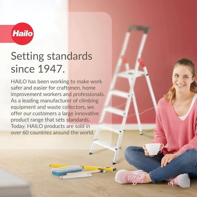 Alt view image 6 of 7 - Hailo Folding Step Stool, 5 Step Ladder with Tray for Garage, Home & Kitchen, L60, Silver