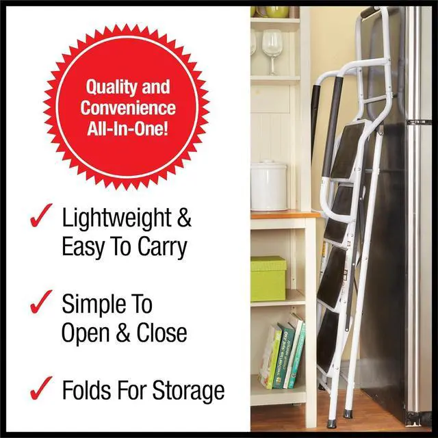 Alt view image 6 of 6 - Collections Etc Folding Anti-Slip Safety Step Ladder with Handrail Grips for Home or Office, Four Steps, 62.5 inches Tall, White, White