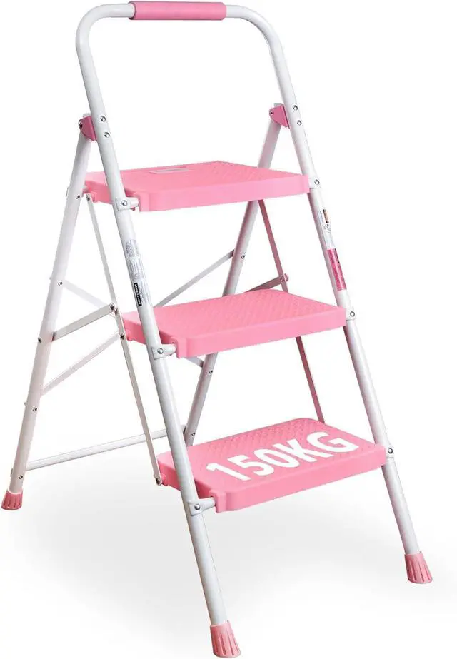 Main image of BONTEC 3-Step Ladder, Folding Step Stool, 600lbs Max Load Capacity, Sturdy Steel, Non-Slip Pedals, Lightweight, Portable Steel Ladder with Convenient Handrail, Safety Design for Home & Work, Pink
