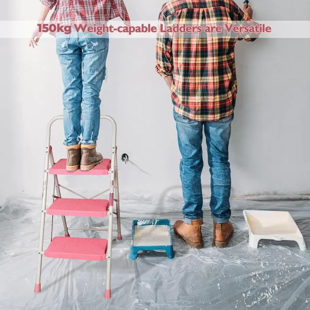Alt view image 7 of 7 - BONTEC 3-Step Ladder, Folding Step Stool, 600lbs Max Load Capacity, Sturdy Steel, Non-Slip Pedals, Lightweight, Portable Steel Ladder with Convenient Handrail, Safety Design for Home & Work, Pink