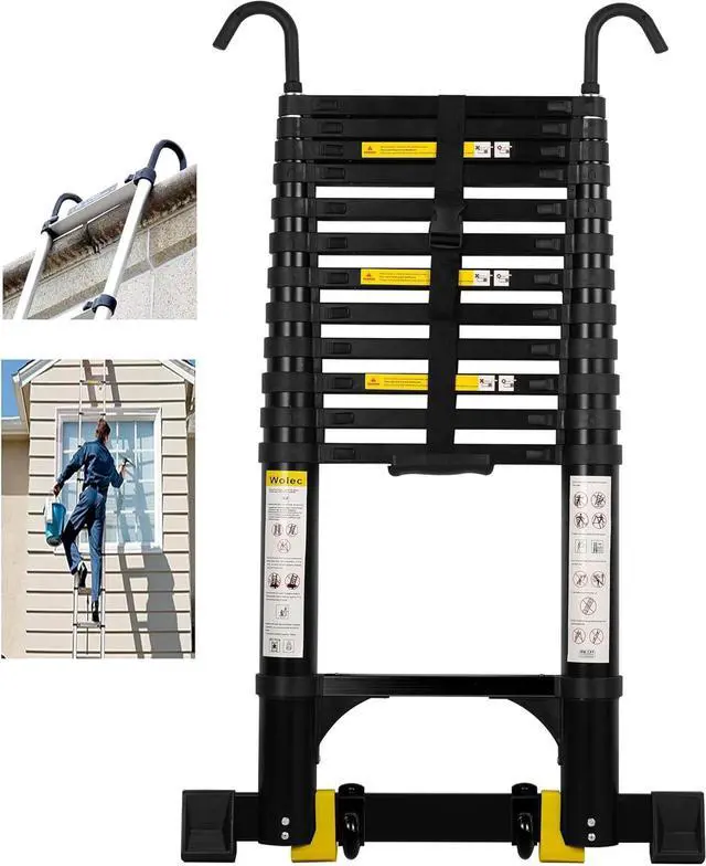 Main image of Telescoping Ladder,14.5FT Aluminum Portable Extension Ladder w/Hooks, Stabilizers& Wheels, Heavy Duty 330lbs Max Capacity, Collapsible Telescopic Ladder for Rv, Roof, Attic, Outdoor -Black