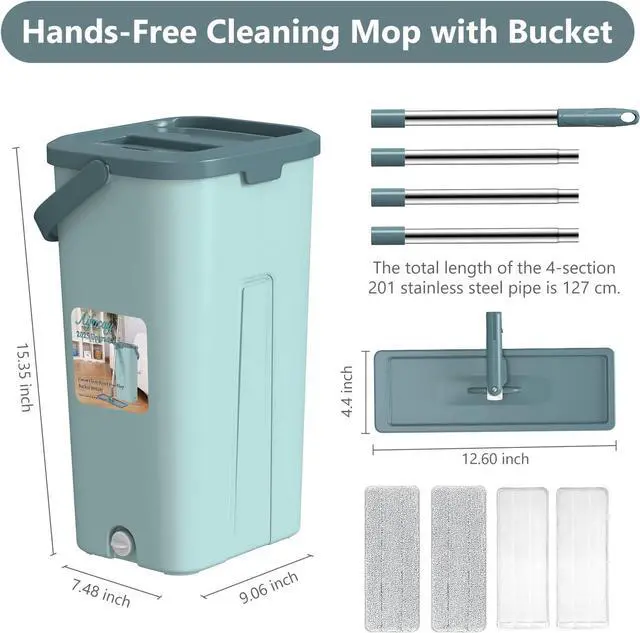 Alt view image 2 of 6 - Aifacay Mop and Bucket with Wringer Set, Flat Wall Mop and Bucket Set with 4 Reusable Microfiber Pads, Hand Wash Free Floor Cleaning System Wet and Dry Use for Hardwood Tile Window Corner Baseboard