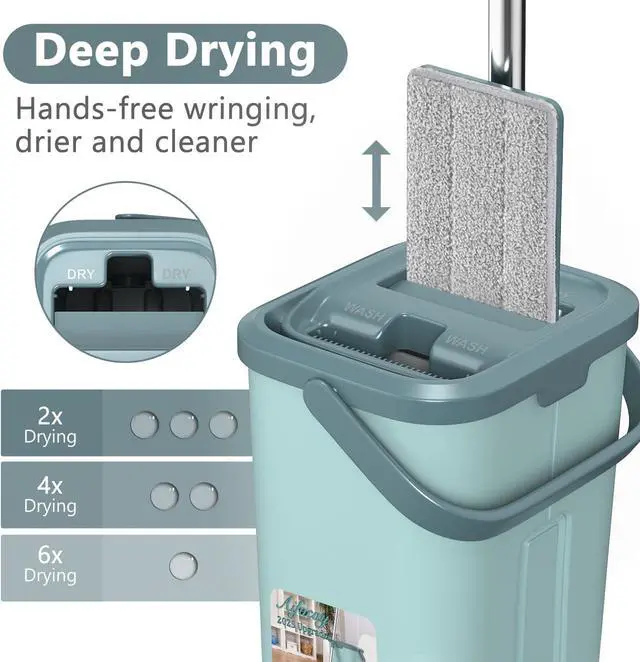 Alt view image 4 of 6 - Aifacay Mop and Bucket with Wringer Set, Flat Wall Mop and Bucket Set with 4 Reusable Microfiber Pads, Hand Wash Free Floor Cleaning System Wet and Dry Use for Hardwood Tile Window Corner Baseboard
