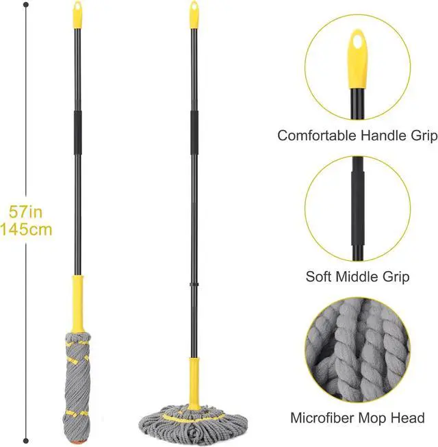 Alt view image 7 of 7 - Self Wringing Twist Mop, Wet Mop for Floor Cleaning with 57 " Long Handle, Heavy Duty Floor Mop for Hardwood Vinyl Tile Marble Laminate Home Office Kitchen, Gray