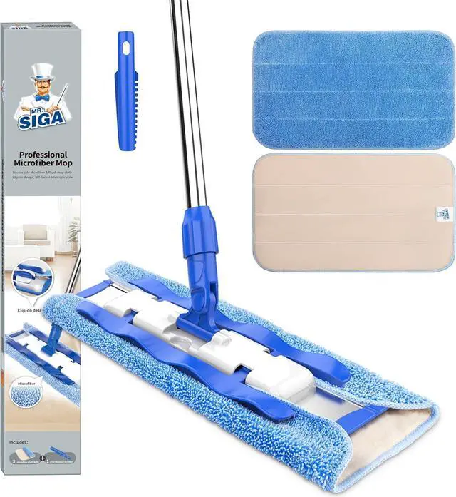 Main image of MR.SIGA Professional Microfiber Mop for Hardwood, Laminate, Tile Floor Cleaning, Stainless Steel Telescopic Handle - 3 Reusable Flat Mop Refills and 1 Dirt Removal Scrubber Included