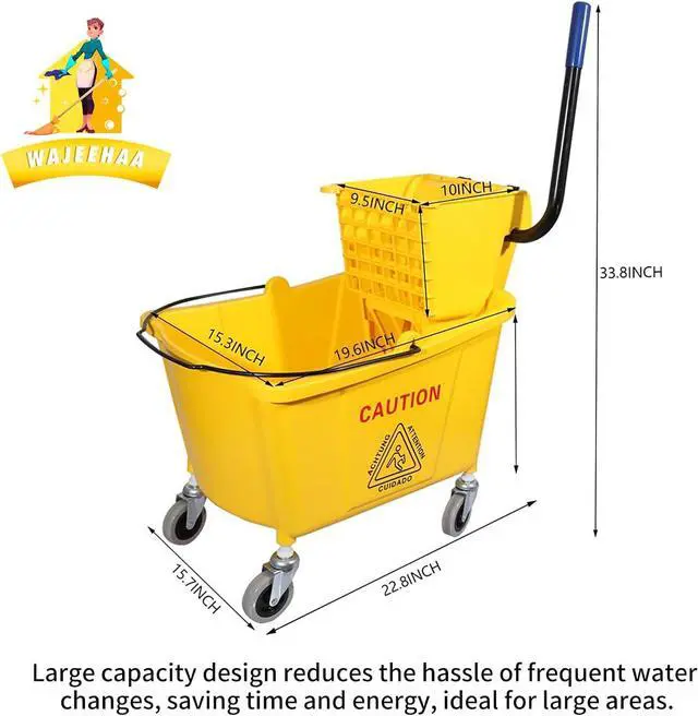 Alt view image 2 of 7 - Commercial Mop Bucket with Side-Press Wringer for Floor Cleaning, 35 Quarts, Yellow, Including One Commercial Mop